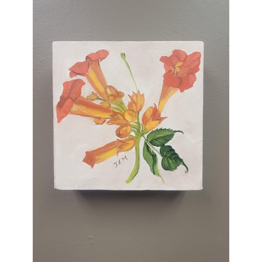Original Floral‎ Oil Painting Orange Trumpet Vine Flowers Signed JEM 6x6 Canvas